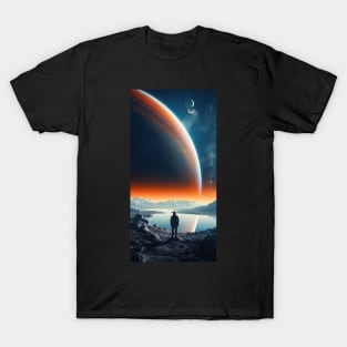 Astronaut stands in front of big star - t shirt design T-Shirt